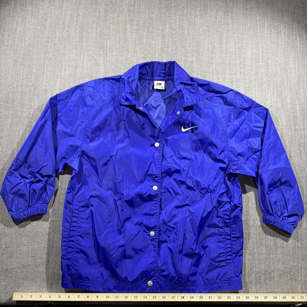 Vintage Nike Jacket Kids Medium 10-12 Blue Nylon Swoosh Snap Windbreaker 90s